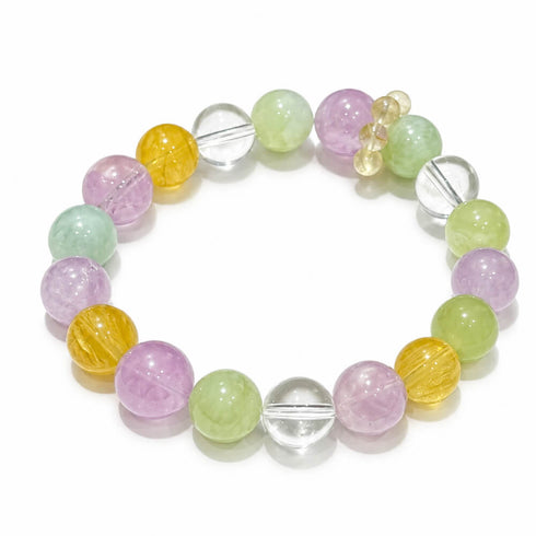 Crystal beaded bracelet featuring purple, green, and yellow round stones with clear center
