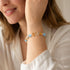 Crystal beaded bracelet with blue, clear, and amber round stones on a wrist