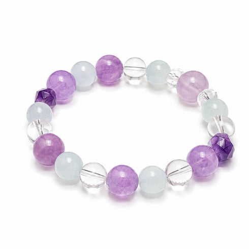 Lilac and light blue beaded crystal bracelet with round amethyst and clear quartz beads