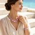 Lilac amethyst-and-quartz beaded necklace and matching bracelet on model