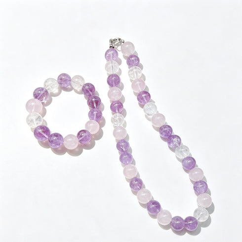 Amethyst and quartz bead bracelet and necklace set with metal clasp, separate