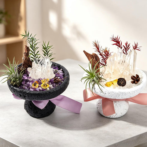 Crystal garden kit with two stone planters: dark bowl with purple crystals, white bowl with clear crystals