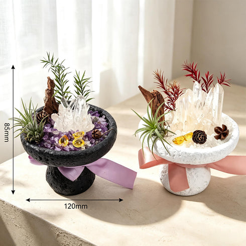 Crystal garden kit with two stone planters and ribbons, dark planter with purple crystals, white planter with clear crystals