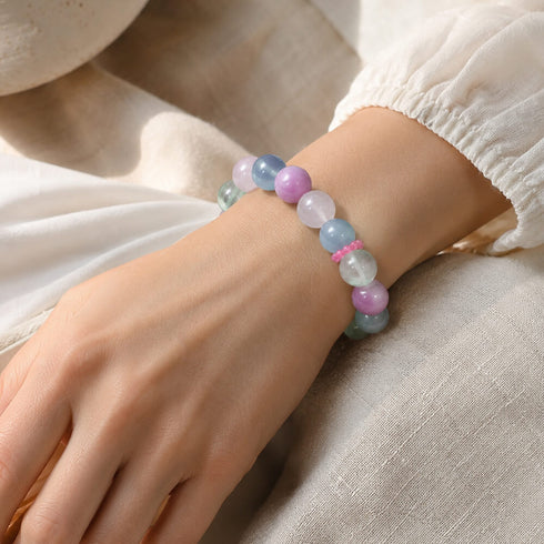 Gemstone bead bracelet with round aquamarine, kunzite, and rose quartz beads