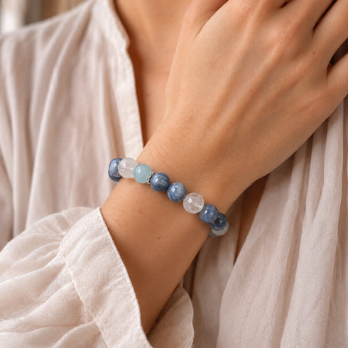 Beaded crystal bracelet with blue and aqua round stones, clear accents, stretch fit