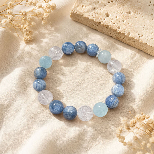 Beaded crystal bracelet featuring blue, aqua, and clear round stones, stretch bracelet
