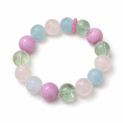 Gemstone bead bracelet with evenly spaced pastel beads in pink, blue, and green