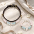 Dark leather pet collar with aquamarine and rose quartz beads and matching bracelet