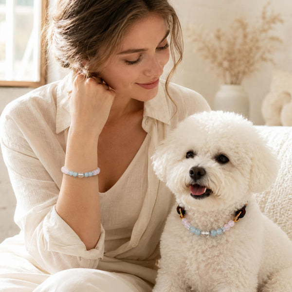 Woman and white dog wearing aquamarine and rose quartz beaded pet collar and bracelet