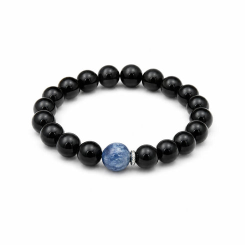 Black round bead bracelet with blue round center crystal stone, studio view
