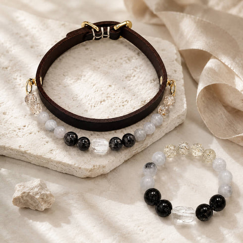 Dark leather pet collar with black and gray gemstone beads and a matching bracelet