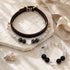 Dark leather pet collar with black and gray gemstone beads and a matching bracelet