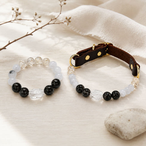 Dark leather pet collar and beaded bracelet with black and clear gemstone beads