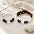 Dark leather pet collar and beaded bracelet with black and clear gemstone beads