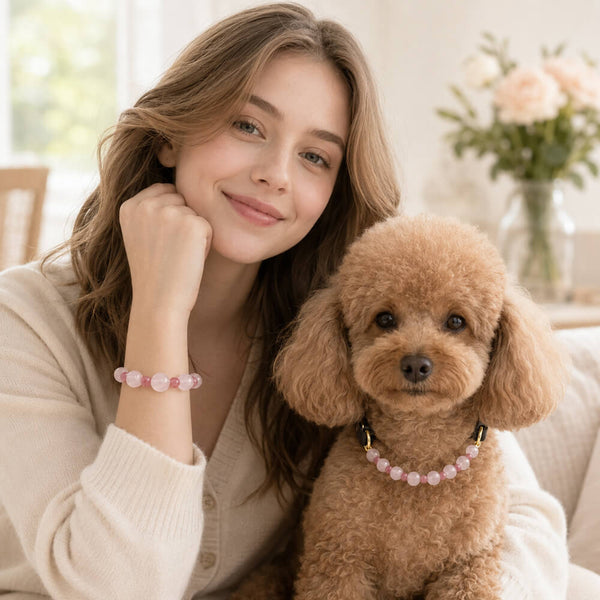 Pink beaded pet collar and matching bracelet with round gemstone beads