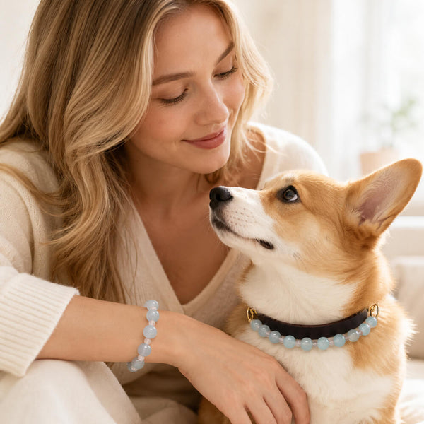 Beaded pet collar with light blue crystals; matching bracelet on wrist