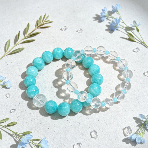Turquoise and clear crystal bead bracelets with round beads and faceted clear accents