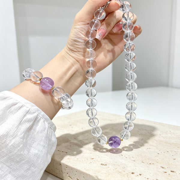 Clear quartz crystal beaded bracelet set with purple amethyst accent beads