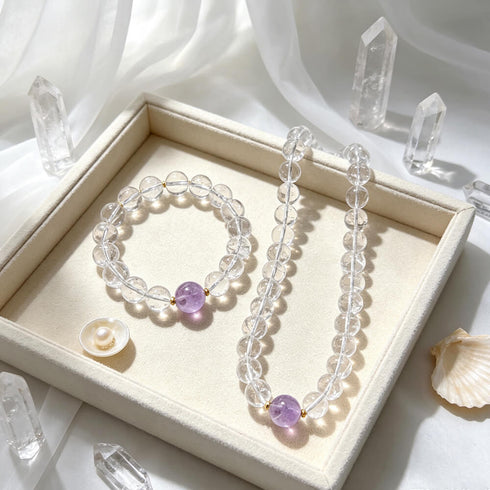 Clear quartz bracelet set with matching purple amethyst bead accents in gift box