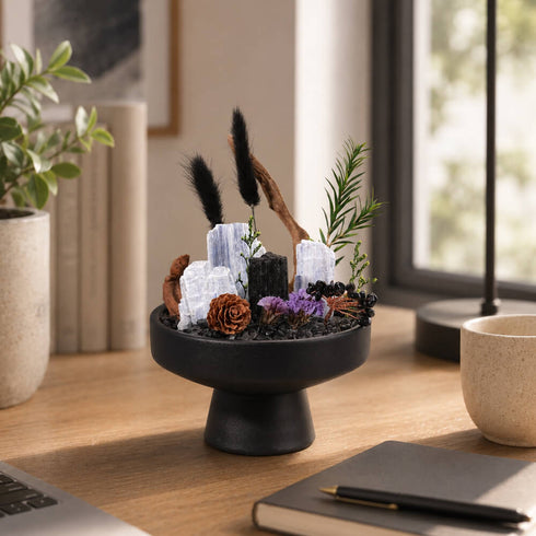 Crystal money tree ornament on black pedestal with blue crystal pieces and purple flower accents