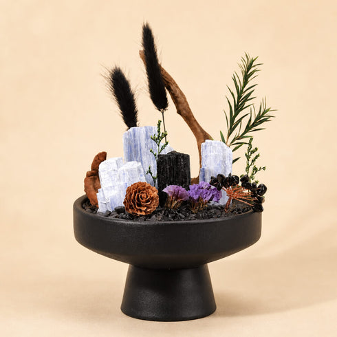 Crystal money tree ornament on black pedestal with blue crystals, brown rose, and purple accents