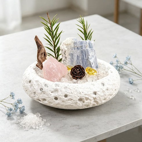 White bowl crystal garden centerpiece with pink crystal, clear rock, gold accent, greenery sprigs