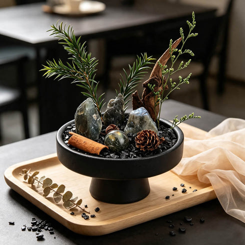 Black bowl crystal garden centerpiece with dark stones, copper stick, greenery sprigs, floral decor