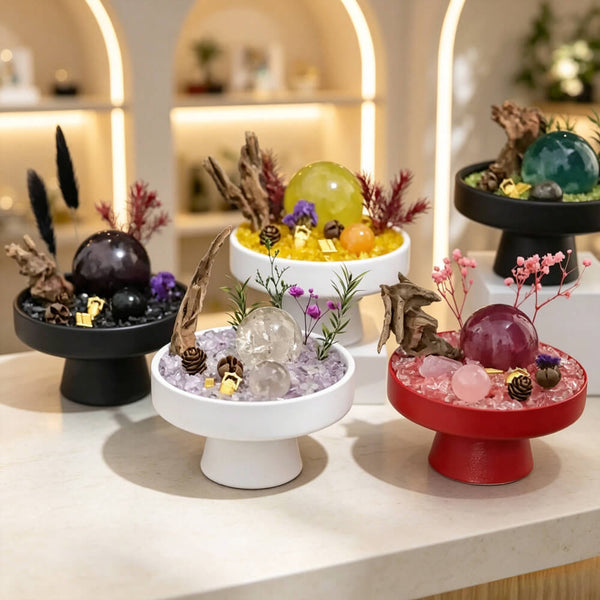 DIY crystal sphere garden decor set with three pedestal bowls and gem spheres