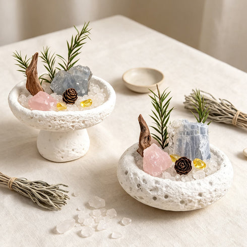 Decorative crystal bowl with rose quartz, clear crystals, gold charm, pine sprigs, and small pinecones