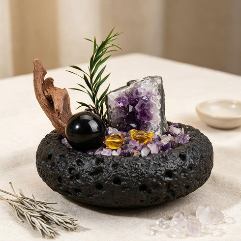 Decorative crystal bowl with purple crystal cluster, black sphere, gold accents, and greenery