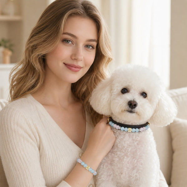 Pet beaded leather collar in pastel blue and pink beads with gold hardware on a dog