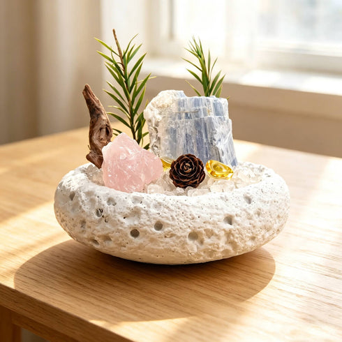 White decorative crystal bowl with rose quartz, blue crystal cluster, gold charms, and pine sprigs