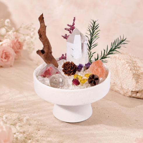 White bowl crystal centerpiece with clear quartz, citrine, and pink-toned stones