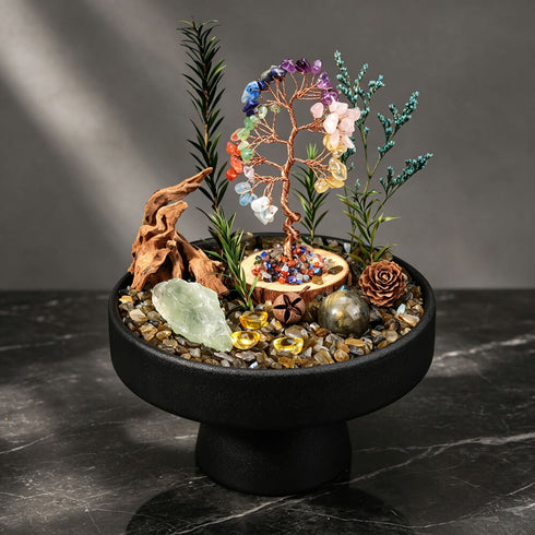 Crystal tree garden decor kit with stones and crystals on black pedestal bowl