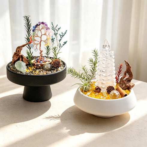 Pair of crystal garden decor kits with pagoda towers and crystal trees on round stands