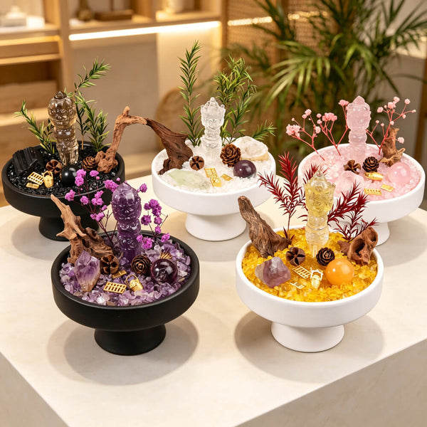 Crystal garden decor set with black pedestal bowl, clear vajra, purple crystals and greenery