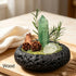 Wood intention crystal garden set with green crystal tower and pine decor in dark stone bowl