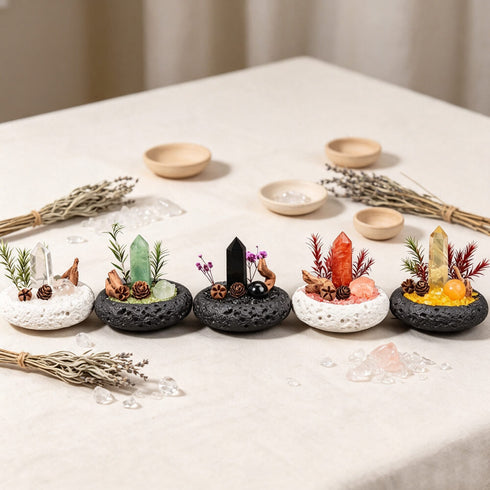 Assorted crystal zen garden sets with five bowls and crystal points on a tray