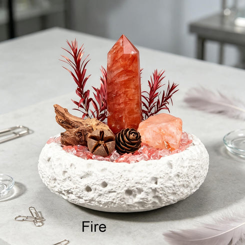 Fire intention crystal garden set with red crystal tower and orange accents in white stone bowl