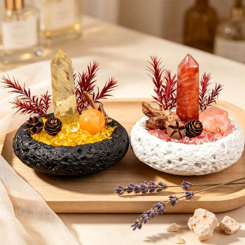 Two intention crystal garden sets showing yellow and red crystal towers in different bowls