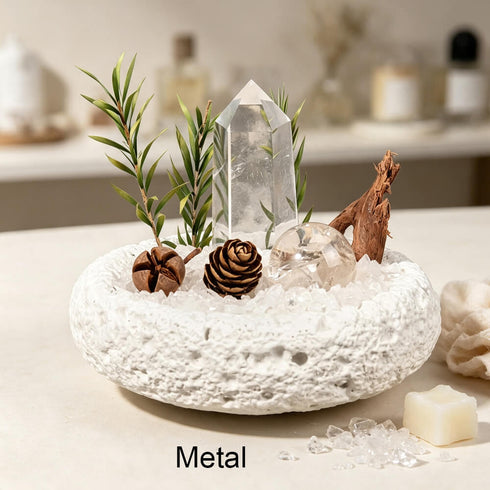Metal intention crystal garden set with clear crystal point and brown accents in white stone bowl