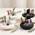 Pair of decorative crystal bowls with mixed crystals, pine sprigs, and black or white stone bases