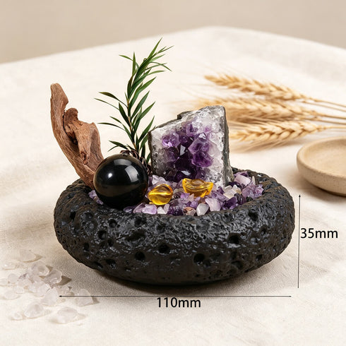 Black decorative crystal bowl with amethyst cluster and black sphere; 110mm x 35mm
