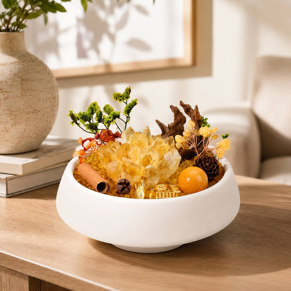 Crystal money tree kit centerpiece in white bowl with yellow citrine crystal cluster