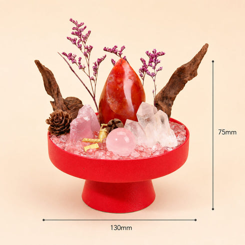 Red crystal garden centerpiece, 130mm wide and 75mm tall, with red agate and rose quartz