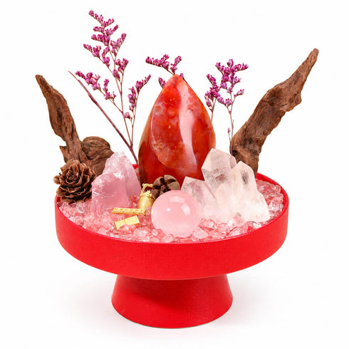 Red decorative crystal garden kit on stand with red agate and rose quartz pieces