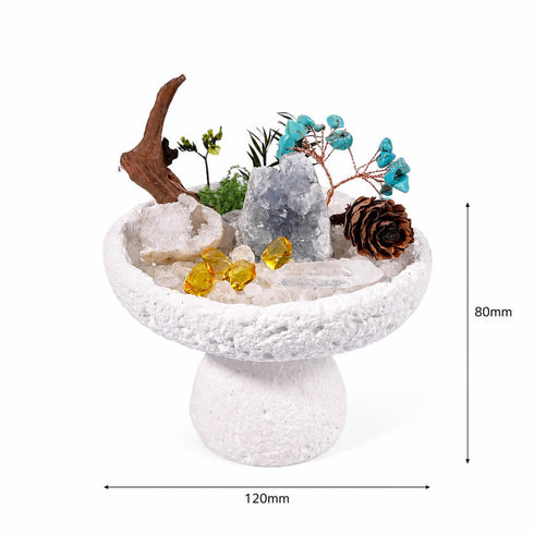 White stone pedestal crystal tree centerpiece with blue turquoise branches and yellow crystal clusters