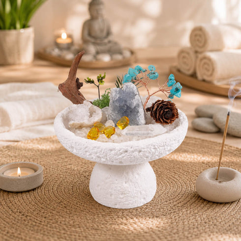 White crystal tree centerpiece on pedestal with turquoise branches, gray crystal rock, and amber stones