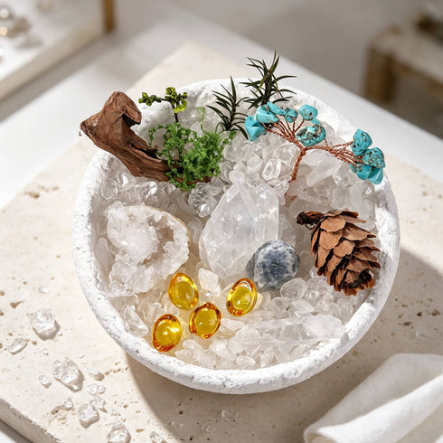 Top view of white crystal tree centerpiece with blue turquoise branches and yellow polished stones