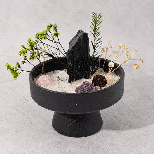 Tabletop crystal garden kit centerpiece: black bowl on pedestal with assorted crystals